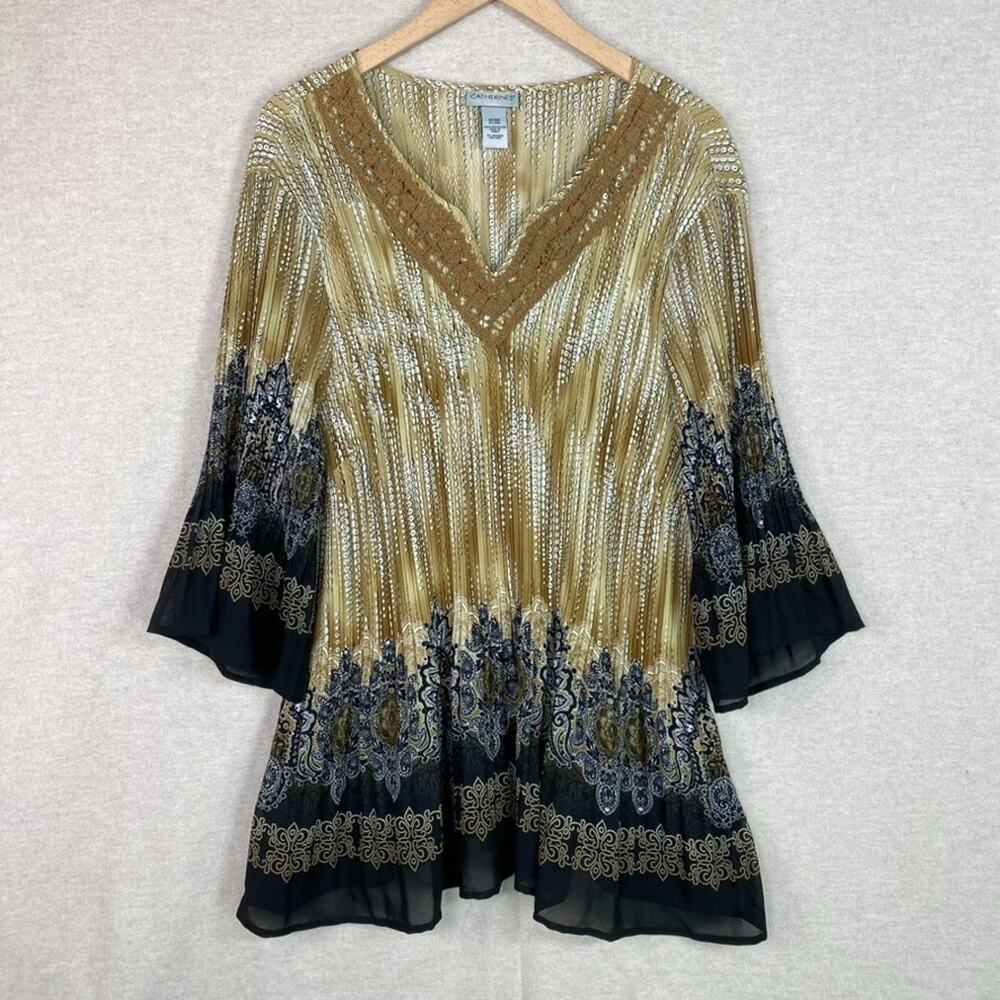 Catherines Womens Boho Tunic Top Size 3XWP Vneck Semi Sheer Crinkle‎ Crochet Art